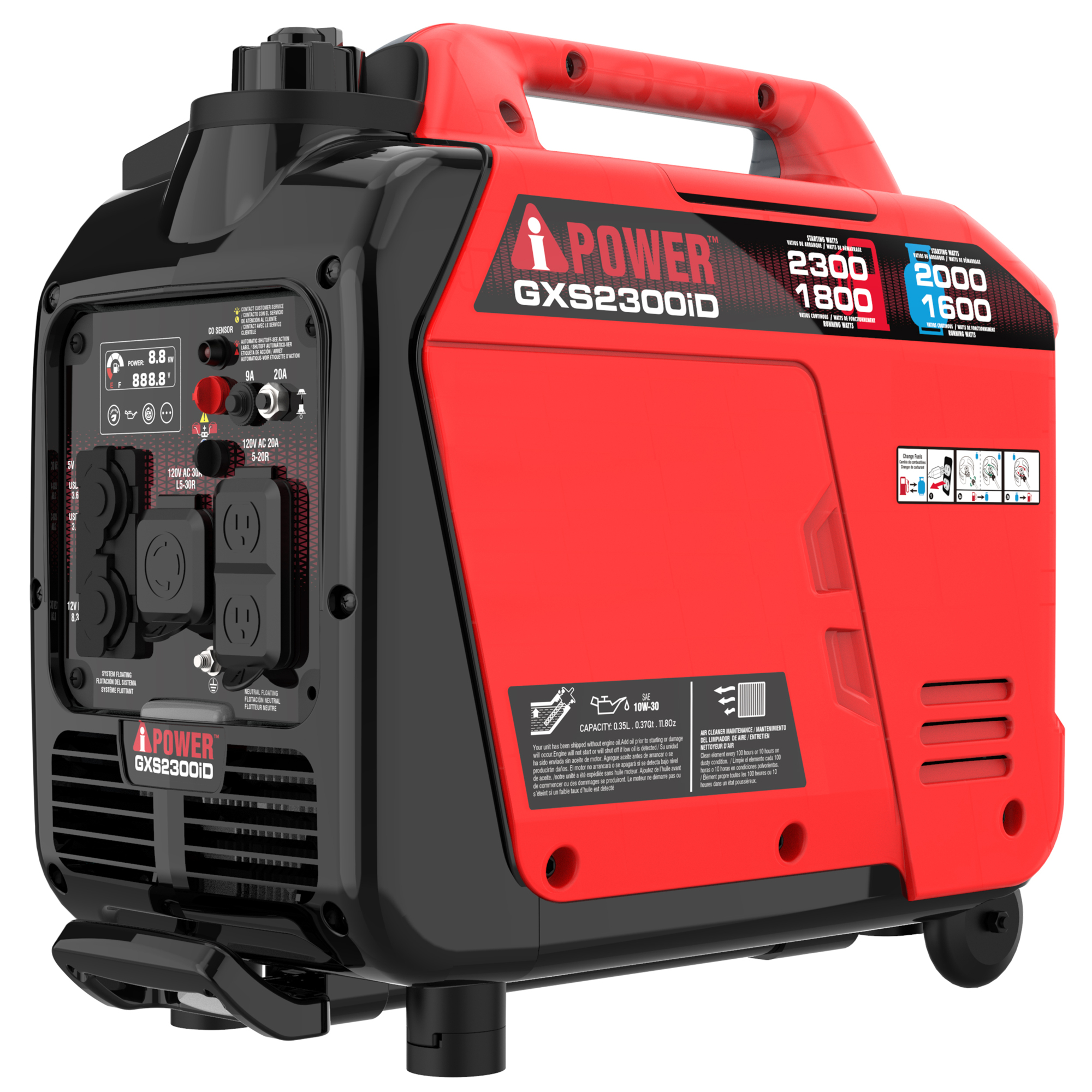 A-iPower Inverter Generator — 2300-Watt, Gas/Propane Powered, 80cc OHV Engine, CO Sensor, Ultra Lightweight, Model# GXS2300iD